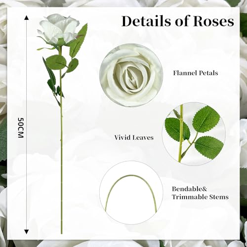 10 PCS Artificial Roses with Long Stems Silk Flowers Realistic Foam Flowers Fake Roses for Valentine's Day Home Wedding Halloween Decor(White) - color: White