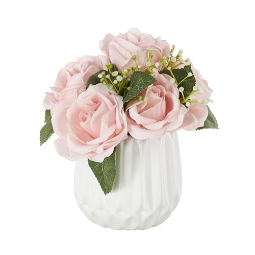 Deco 79 Fabric Artificial Flower with Green Leaves and Round Ceramic Vase, 8" x 8" x 9", Pink - color: Pink, size: 8" x 8" x 9"