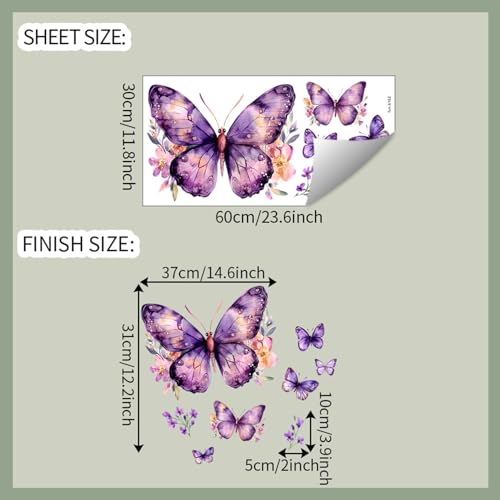 Purple Butterfly Wall Decals Removable Purple Butterflies with Flowers Wall Stickers Peel and Stick Vinyl Butterfly Art Wall Decor for Living Room Bedroom Nursery Bathroom Classroom Decorations - style: Purple Butterfly