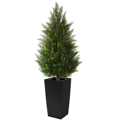 4FT Tall Artificial Cedar Topiary Tree with Compact Pyramidal Shape, Realistic Faux Cypress in Square Black Pot with Fillable Water Bag, Outdoor Evergreen for Front Porch Garden Home Decor - color: Black-pyramid Topiary, size: 4ft-1pack