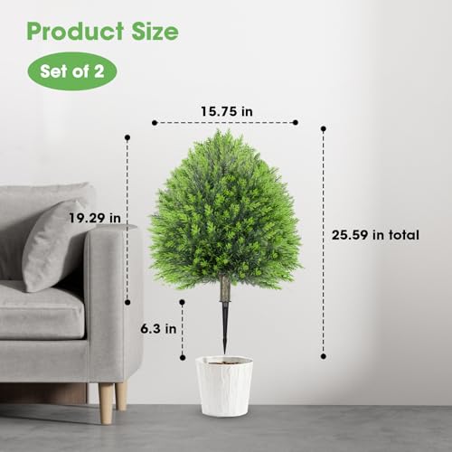 25.6" Artificial Cedar Topiary Ball Plants: Set of 2 Fake Cypress Bushes with Spike – UV Resistant Artificial Shrubs, Evergreen Fake Tree for Outdoor Indoor Porch Garden Balcony - color: Pine