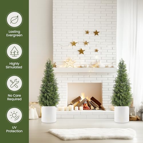 GarveeHome Artificial Cedar Topiary Tree for Christmas Outdoor, 36 in Tall Faux Cedar Trees, Potted Fake Cypress Plant, Artificial Plants Indoor Outdoor for Front Porch Decor, Set of 2 - size: 3ft