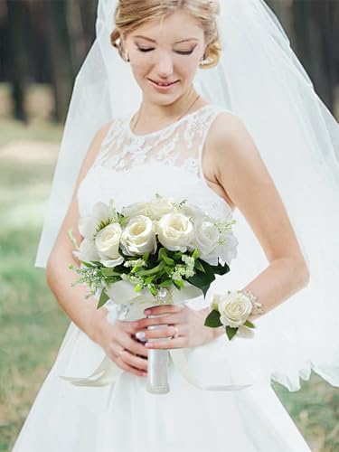 Bride/Bridesmaid Bouquets with Corsage & Boutonniere for Wedding | 8Inch Ivory White Artificial Roses Flowers Bridal Bouquet for Wedding Church Decoration, Ceremony, Anniversary, Home Decor - color: Ivory Bride Bouquets With Corsage & Boutonniere Set