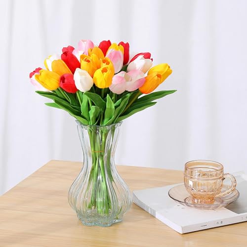 SITUMEIZI Fake Flowers Tulips Artificial Flower 15pcs Real Touch PU 14" for Spring Easter Home Kitchen Wedding Bouquet Bulk Mother's Gift Day Decorations(Assorted Colors,5) - color: White,yellow,sunset Red,red,light-pink