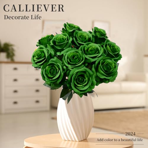 12pcs Rose Artificial Flowers, Fake Rose Silk Flower Bouquet, Faux Roses with Stems - 50cm, Roses Decor for Wedding & Home Decoration (Dark Green) - color: Dark Green