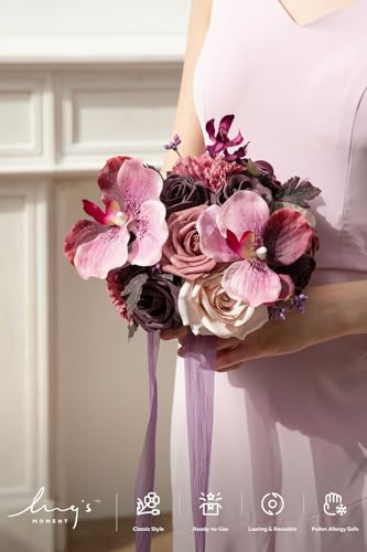 Ling's moment Artificial Bridesmaid Bouquets Set of 4,Deep Plum Wedding Flower Bouquets Purple Floral Bouquet Red Bridal Bouquets with Ribbon Ceremony Anniversary,7-inch Diameter - color: Deep Plum