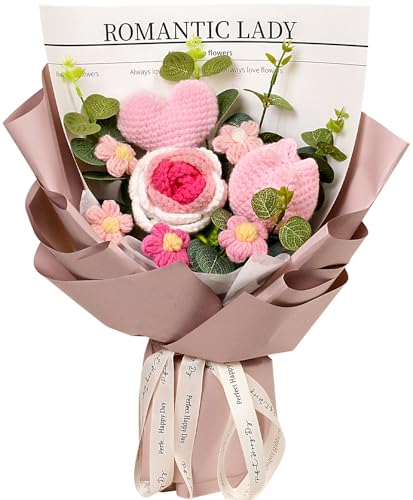 Crochet Flower Bouquet, Crochet Rose Tulip Love Heart Bouquet for Mother's Day, Anniversary, Birthday, Gift for Lover, Girlfriend, Wife, Mom, Pink - color: Zz: Pink - Love Heart