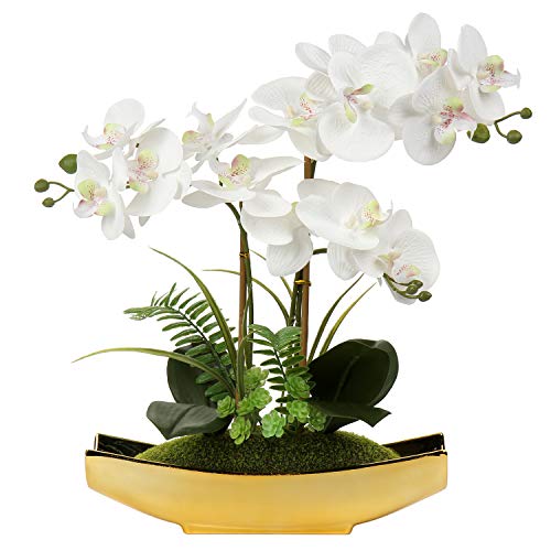 Briful Orchids Artificial Flowers 15" White Phalaenopsis Orchid with Gold Pots Real Touch Faux Orchid Flower for Home Office Bedroom Table Centerpiece Desk Decor - color: White#1