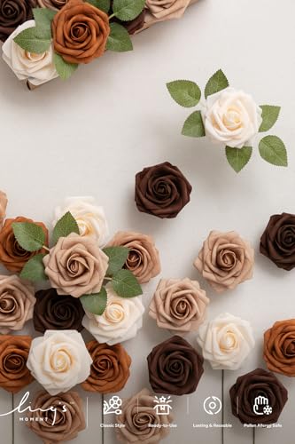 Ling's moment Artificial Flowers, 25Pcs 3" Roses in Walnut Brown Shades, Realistic DIY Foam Floral Decor for Wedding Bouquets/Centerpieces, Outdoor Party Backdrops, Room/Table, Garden/Pot Decorations - color: Shades of Earth Tones, size: 25Pcs