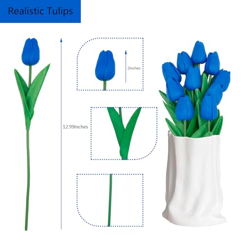 Blue Flowers Fake Tulips Artificial Flowers, 13 Inch Real Touch PU Flowers for Decoration, 10 Pcs Tulip Flowers Bouquet for Vase, Mother's Day Easter Valentines Gifts - color: Blue