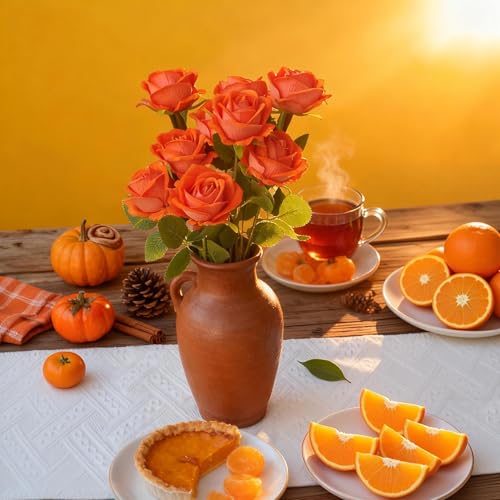 Kenpal Realistic Fake Roses Artificial Flowers with Stem for Decoration Floral Arrangement Centerpieces Wedding Bouquets (10, Orange) - color: Orange