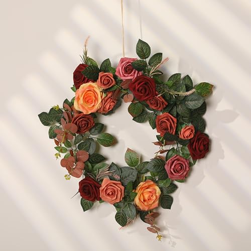 Senseya 5FT Artificial Rose Flower Garland - Terracotta Fake Floral Vine with Rose Leaves, Runner Rustic Flower Garland for Wedding Arch Backdrop, Table Runner Centerpieces, Party Home Mantel Decor - color: Sunset Terracotta