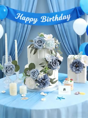 Artificial Flowers Combo Box Set,Dusty Blue Fake Roses Silk Flowers with Stems for DIY Wedding Bridal Bouquets,Floral Arrangement,Table Centerpieces,Baby Shower,Home Decorations - color: Dusty Blue