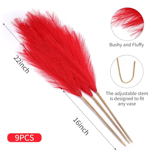 Wertuirk 9 Stems Red Pampas Grass - 38 Inch Tall Fluffy Faux Pampas Grass Decor, Long Artificial Pompas Floral for Living Room, Wedding Centerpieces and Home Decor (Red) - color: Red