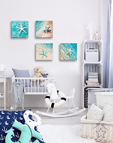 BQVCT Canvas wall art for bathroom home decorations beach green starfish wall decoration natural beach pictures canvas prints artwork Ready to Hang Size: 12x12inchx4 panels - color: Green