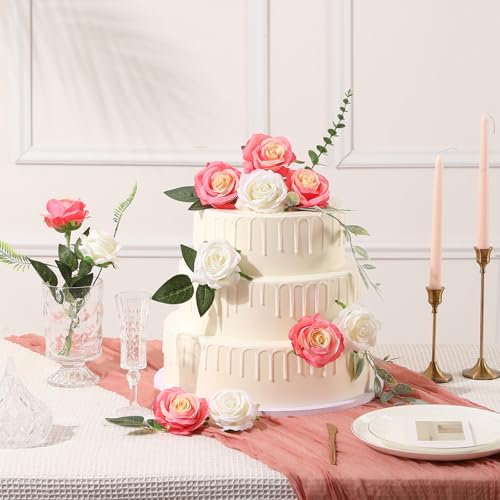 Tifuly Pink Roses Artificial Flowers -12 pcs Realistic Single Long Stem Fake Silk Roses Bouquet for Party Home Wedding Centerpiece Office DIY Decor - color: Gradient Pink