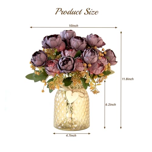 Faux Flowers in Vase, Fake Flowers in Vase 21 Pcs Faux Peony Flowers, Artificial Flowers for Home Decor, Indoor Centerpiece for Living Room & Dining Table - Purple Red - color: Purple Red Peony