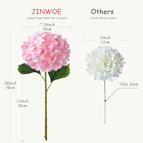 JINWOE Light Pink Flowers Silk Artificial Hydrangeas, 5Pcs 20Inch Lifelike Large Flowers with Stems, Full Artificial Flowers for Wedding Bouquet Table Centerpieces Spring Home - color: Light Pink