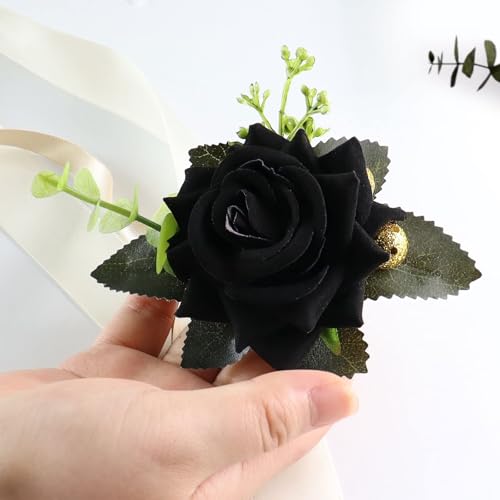 Wrist Corsage for Women Girl Artificial Black Rose Silk Flowers Wristlet Corsage for Wedding Anniversary Prom Formal Dinner Party Decoration Black Rose Corsage - color: Black Rose Corsage