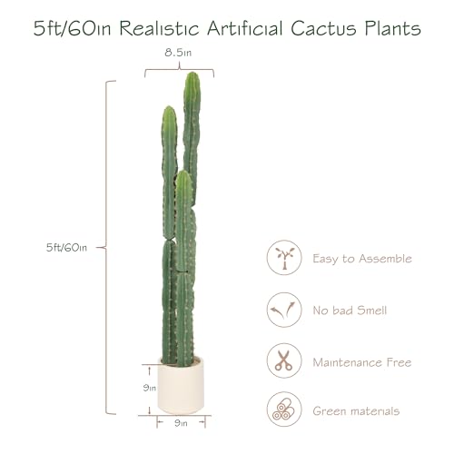 UV Resistant 5ft Large Artificial Cactus with White Decorative Planter, 60in Realistic Faux Cacti Indoor, Lifelike Fake Cactus Plant for Indoor & Outdoor Home Office Store Porch Patio Garden Decor - color: White Decorative Planter, size: 5ft