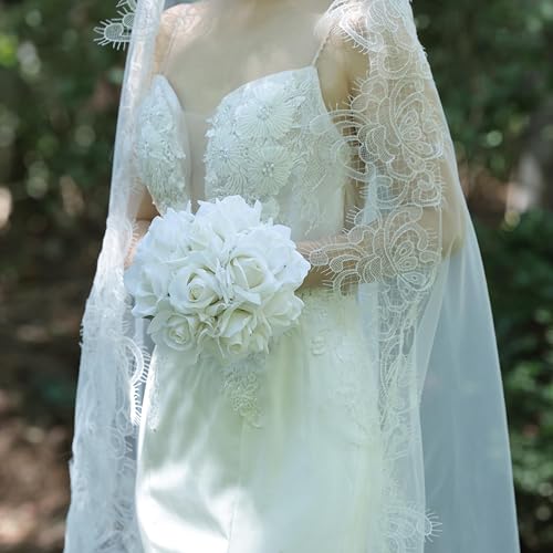 8 Inch Bridesmaid Bouquet, Morandi Ivory Cream White Real Touch Rose Wedding Flowers, Artificial Floral Arrangement for Bridesmaids, Bridal Shower, Toss Bouquet and Wedding Prom - size: 8 Inch
