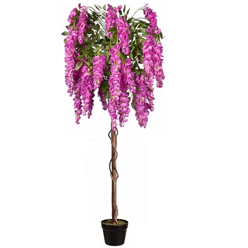 5ft Artificial Wisteria Tree, Fake Tree with Firmly Attached Blooms for Less Shedding, Faux Trees Indoor Outdoor Home Office Living Room Decor, Potted Floor Plant - color: Wisteria Tree Purple