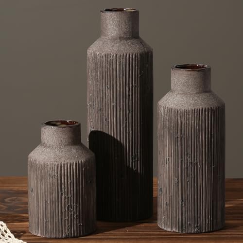 Farmhouse Vase for Home Decor, Ceramic vase Set of 3. Vintage Flower Vase Suitable for Home Decor, Living Room, Shelf Decor, Dining Table Decor. - color: Dark Brown, size: 3.3 x 5.3-8-10.6 inches