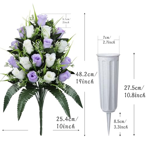XONOR 2 Sets Artificial Cemetery Flowers, Grave Decorations Roses, Memorial Flowers Bouquet with Vase for Grave Cemetery Decoration (Light Purple&White) - color: Light Purple&white