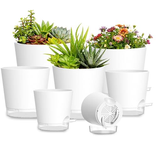 Plant Pots 4/5/5.5/6/6.5/7/8 Inch Self Watering Pots, 7 Pack Plastic Planters with Drainage Holes and Clear Saucers,Plastic Flower Pots,Nursery Planting Pot for Indoor Out Door Plants(White) - color: White, size: 4/5/5.5/6/6.5/7/8 inch