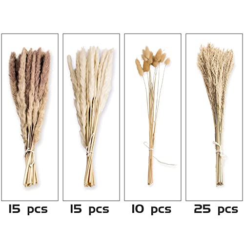 65PCS Pampas Grass Decor, Including pompas Floral, Reed Dried Grass and Bunny Tails Dried Flowers, Natural Dried Pampas Grass Bouquet for Boho Decor Wedding, Home Decoration - size: 65PCS