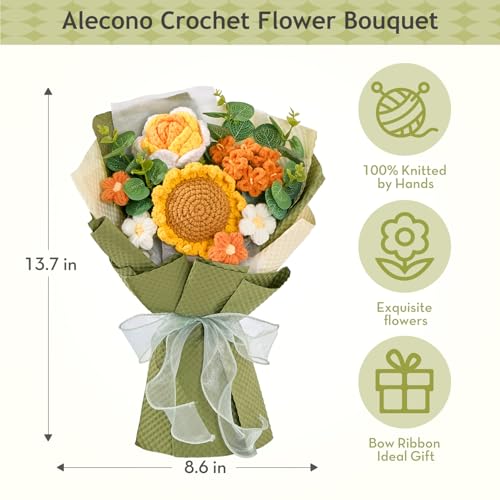 Alecono Crochet Flower Bouquet, Knitted Sunflower Flowers, Green Handmade Bouquet of Flowers for Lover Anniversary Birthday Party Mother's Day Graduation Gifts (Include Card) - color: Green