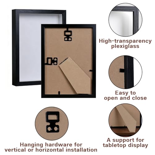 A4 Shadow Box - Black Wooden Deep Picture Frame with Shatter-Resistant Pane for Wall Decor | 3D Display Case for Military Medals, Flowers, Photos and Crafts | Easy to Open & Ready to Hang Gift Idea - color: Black, size: 1Pcs A4/8.3x11.7in