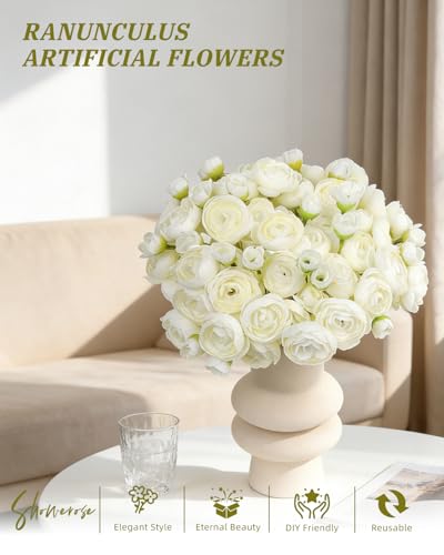 24 Pcs Ranunculus Artificial Flower Faux Silk Mini Ranunculus Flowers Fake Flowers for DIY Bouquet,Centerpieces Tables, Wedding Decor, Bridal Shower Decorations,Home Decor(White) - color: White