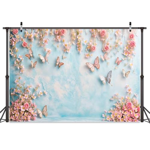 5x3ft Butterfly Floral Backdrop Birthday Colorful Flowers Photo Background for Girls Wedding Birthday Party Girls Princess Butterfly Theme Baby Shower Events Party Decorations Photo Booth Props - color: Pink, size: 5X3FT