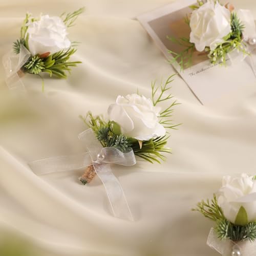 Garisey 2pcs White Rose Boutonniere for Men Artificial Rose Flower for Wedding Flowers Ceremony Prom Flower (2 Boutonniere) - color: 2 Boutonniere