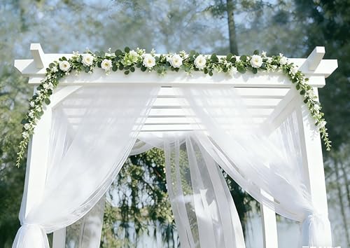 Greenery Garland with White Roses 2Pack: 5.9Ft Artificial Vines Hanging Eucalyptus Leaves for Wedding Arch Swag Backdrop Doorways Table Runner - size: 2pack-Rose