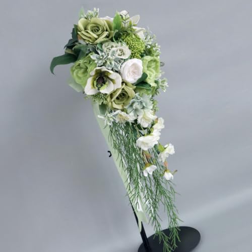 9.1 Inch Cascading Bridal Bouquet Waterfall Cascade Wedding Bouquet Bride with Artificial Rose Peony Flower Rustic Boho Wedding Ceremony Bouquet Sage Green - color: Sage Green