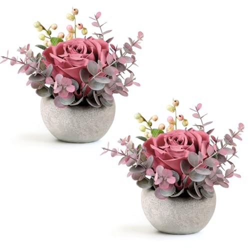 2 Pack Mini Potted Flowers, Pink Rose Artificial Flowers in Pot Fake Greenery Potted Plants Desk Shelf Decor for Home Office Living Room Bathroom - color: 2 Pack Red Rose