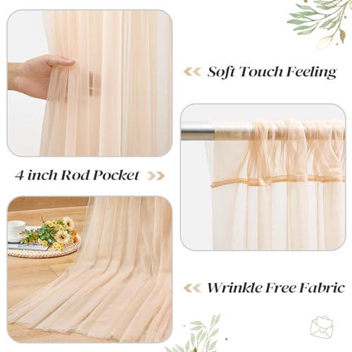 10ft x 8ft Champagne Backdrop Curtain with Lights String for Parties, Sheer Tulle Wedding Photo Backdrops Drapes for Baby Shower Birthday Party Decorations Background for Photography - color: Champagne, size: W5' x H8'(2 panels)