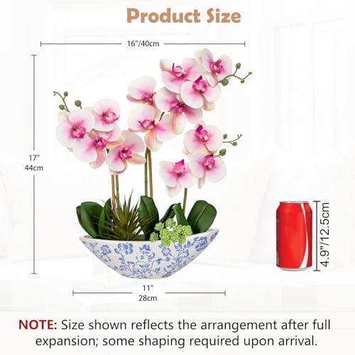 Briful Pink Orchid Fake Flowers 17in Artificial Orchid Silk Flowers in Blue and White Ceramic Vase Faux Orchid Arrangement for Elegant Home Office Room Dining Table Centerpiece Shelf Modern Decor - color: Pink-blue and White Porcelain Vase