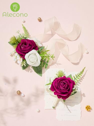 Alecono Fuchsia Corsage and Boutonniere Set, Hot Pink Corsage Wristlet for Bridesmaids, Boutonniere for Groom Groomsmen, Prom Wedding Accessories Suit Decorations - color: Fuchsia, size: Corsage and Boutonniere Set