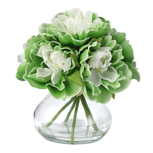 Green Peony Bouquet in Glass Vase - 6 Piece Artificial Flower Arrangement with Faux Water for Wedding & Home Centerpieces - color: Peony Flowers, size: Green