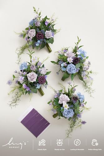 Ling's moment Light Purple Artificial Bridesmaid Bouquets Set of 4 Wedding Flower Bouquets Blue Floral Bouquet Bridal Bouquets with Ribbon,Ceremony,Anniversary,7-inch Diameter - color: Prpl-deep Plum