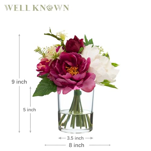 WELL KNOWN Artificial Flowers in Glass Vase with Fake Water, Silk Peony Flower Bouquet for Home Dinning Tea Table, Office Desktop, Hotel, Wedding, Party, Lavatory Decor & Gift (Fuchsia & White) - color: Fuchsia & White