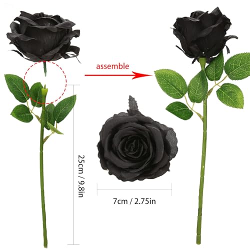 Felice Arts 12 Pack Black Roses Artificial Silk Flowers, Realistic Fake Roses Bouquet with Short Bendable Stems for Home Kitchen Vase Arrangements Wedding Centerpiece Halloween Party DIY Decor - color: Black