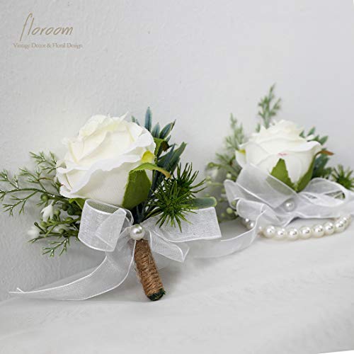 Floroom Ivory Rose Wrist Corsage Wristlet Band Bracelet and Men Boutonniere Set for White Wedding Flower Accessories Prom Suit Decorations - color: 1 Boutonniere & 1 Wrist Corsage
