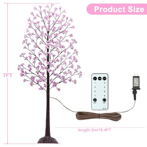 7FT Lighted Cherry Blossom Tree - Faux Artificial Light Up Pink Tree with 144 Lights, 432 Lush Flowers, Timer, Remote 8 Modes Cherry Blossom Tree for Spring Wedding Valentines Indoor Outdoor Decor - size: 7ft