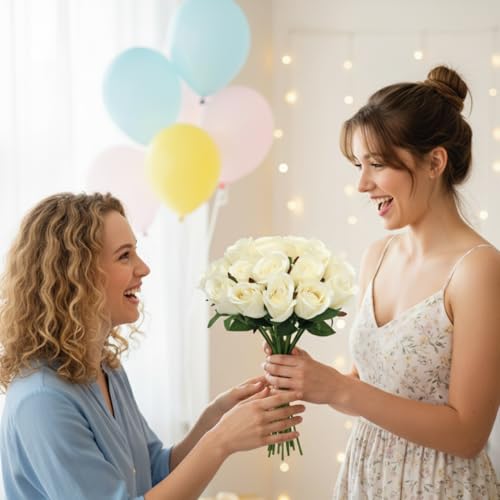 Cream Roses, Bunch of 18 Faux Flowers Bouquet, (12") 30cm Realistic Artificial Roses with Stems for DIY Weddings Bridal Shower & Christmas Party Arrangements - color: Cream