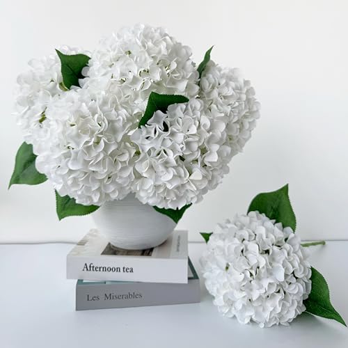 ZYTUYO 5 Pcs Pure White Silk Hydrangeas Artificial Flower Boho Dried Touch 20'' Faux Hydrangeas for Indoor Home Decor Kitchen Living Room Outdoor Porch Wedding Flower Arrangement - color: Pure White