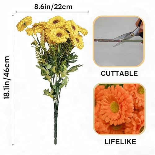 Artificial Mums, Outdoors Faux Fall Flowers Plants for Autumn Home Decor, 10 Bundles Natural Texture Daisy UV Resistant Indoor Festival Decoration for Wedding, Yard, Patio, Porch...(Yellow) - color: Yellow
